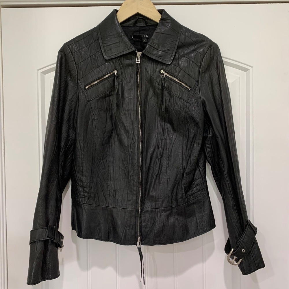 Spanner Womens Black Genuine Leather Moto Jacket Size S Buckle Cuffs Zip